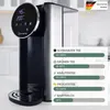 A close-up of a black and silver hot water dispenser with a digital display and a bar chart showing different beverage temperatures. Produktbild-Vorschau