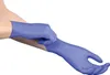 A person putting on a blue nitrile glove. Produktbild-Vorschau