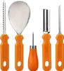 A set of five pumpkin carving tools with orange handles and silver metal blades, arranged in a row against a white background. Náhled obrázku produktu