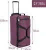 A purple duffel bag with wheels and a telescopic handle, shown with dimensions indicated by measurement lines and text. Produktbild-Vorschau