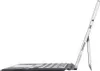 Side view of a silver and black tablet with a keyboard attached, propped up by its kickstand. Produktbild-Vorschau