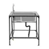 A stainless steel sink with a faucet and drainpipe, mounted on a black metal frame. Podgląd zdjęcia produktu
