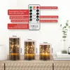 A remote control and three LED candles with dimensions are shown. Produktbild-Vorschau
