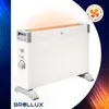 A white electric heater with a gray top and feet, shown on a white background with a dark blue gradient on the right side. Orange heat waves emanate from the top of the heater. Produktbild-Vorschau