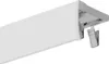 A close-up, angled view of a white aluminum curtain rail with a decorative front panel and visible mounting clips and gliders. Podgląd zdjęcia produktu