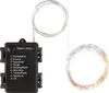 A black battery pack with a list of modes and a coiled string of multicolored LED lights. Produktbild-Vorschau