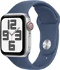 A close-up studio shot of a blue Apple Watch with a silver casing and a red accent on the digital crown. Produktbild-Vorschau