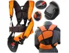A collage of images showing a harness for a brush cutter, including close-ups of its components and a person wearing it. Produktbild-Vorschau