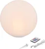 A white spherical lamp with a remote control and charging cable on a white background. Produktbild-Vorschau