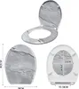 A collage of images showing a toilet seat from different angles, including a top view, a side view, and a bottom view with dimensions indicated. Produktbild-Vorschau