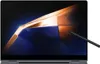 A laptop with a stylus is shown on a dark background with abstract graphics on the screen. Produktbild-Vorschau