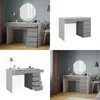 A collage of images showing a modern white and gray vanity table with drawers and a round mirror, displayed in different angles and settings. Anteprima dell’immagine prodotto