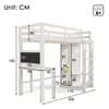 A diagram showing the dimensions of a white loft bed with a desk and wardrobe. Produktbild-Vorschau