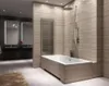 A modern bathroom with a bathtub and shower area, and a vanity area in the background. Produktbild-Vorschau