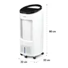 A white evaporative cooler with black accents, shown in a studio setting with dimension lines and measurements. Produktbild-Vorschau