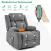 A grey electric recliner chair with massage and heating functions is shown, with icons and text describing its features, and a hand holding a remote control. Anteprima dell’immagine prodotto
