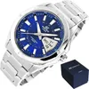 A silver Casio Edifice watch with a blue dial is shown on a white background, with its dark blue presentation box next to it. Produktbild-Vorschau