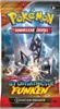 A Pokemon trading card game booster pack with a stormy background and a large metallic Pokemon. Produktbild-Vorschau