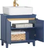 A blue bathroom vanity cabinet with a white sink and a gold faucet. Produktbild-Vorschau