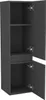 A 3D rendering of a tall, narrow gray cabinet with two doors, showing the interior shelves and hinges. Produktbild-Vorschau