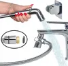 A collage showing a hand holding a bidet sprayer, a faucet with water spraying, and a close-up of an adapter. Anteprima dell’immagine prodotto