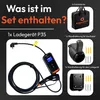 A collage of images showing the contents of an EV charging kit, with German text describing each item. Produktbild-Vorschau