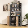 A modern gray kitchen buffet cabinet with natural wood accents, featuring open shelves, glass doors, and wine storage. Produktbild-Vorschau