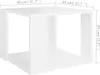 A white cube-shaped side table with dimensions indicated by text overlays. Produktbild-Vorschau
