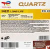 A product label for Total Quartz Ineo Long Life 5W-30 engine oil, featuring brand logos, product name, specifications, and multilingual descriptions. Produktbild-Vorschau