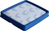 A close-up, angled view of a square blue vacuum cleaner filter. Produktbild-Vorschau