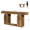 A diagram showing the dimensions of a wooden console table, with a silhouette of a person for scale. Podgląd zdjęcia produktu