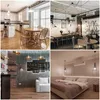 A collage of four interior design scenes: a kitchen, a dining area, a living room, and a bedroom. Produktbild-Vorschau