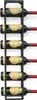 A black metal wine rack mounted on a white wall, holding six bottles of red wine. Náhled obrázku produktu