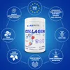 A product shot of a collagen supplement container surrounded by circular icons detailing its features and benefits, set against a blue background. Produktbild-Vorschau