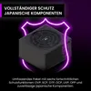 A power supply unit is shown with a neon purple shield overlay and marketing text. Produktbild-Vorschau