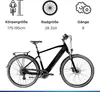 An electric trekking bicycle with accompanying feature icons and text. Produktbild-Vorschau