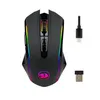 A black gaming mouse with RGB lighting and its accessories, a USB-C cable and a USB dongle, are displayed on a white background. Produktbild-Vorschau