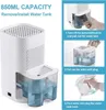 A collage of images showing how to remove, fill, and reinsert the water tank of a dehumidifier. Produktbild-Vorschau