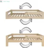 Two images showing a wooden bed frame with arrows indicating how a part of it can be moved or adjusted. Produktbild-Vorschau
