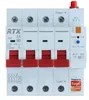 A white electrical circuit breaker with red switches and various labels and indicators. Produktbild-Vorschau
