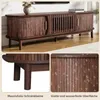 A collage of images showing a wooden TV stand with close-ups of its legs and surface. Voir les images du produit