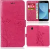 A collage of images showing a pink flip phone case with floral and butterfly designs, including a view of the case open with cards and currency inserted, and a view of the back of the case with a phone inserted. Produktbild-Vorschau