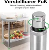 A stainless steel work table with food items displayed on it, and a close-up of an adjustable foot. Voir les images du produit