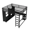 A black metal loft bed with a desk and shelves underneath, shown from a diagonal angle against a white background. Produktbild-Vorschau