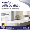 A mattress topper on a bed in a bedroom setting, with text overlays describing features. Produktbild-Vorschau
