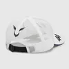 A white mesh baseball cap with black logos and a black adjustable strap is shown from the back and side. Anteprima dell’immagine prodotto