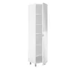 A tall, narrow white cabinet with its door slightly ajar, revealing shelves inside. It stands on four small silver legs. Produktbild-Vorschau
