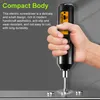 A hand holding a black electric screwdriver, with text overlays describing its features. Náhled obrázku produktu