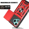 A red phone case with a ring holder and slide camera cover is shown against a white background. Produktbild-Vorschau