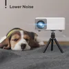 A mini projector is shown on a tripod next to a sleeping puppy. Produktbild-Vorschau